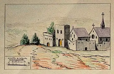 L'abbaye de Bellebranche à l'époque des guerres de Religion (Archives collège du Prytanée militaire de La Flèche).
