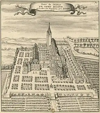 L'abbaye en 1707Louis Boudan, « Vue de l'abbaye .Saint-Mesmin de l'ordre des Feuillens près Orléans. », sur Bibliothèque nationale de France, 1707 (consulté le 6 décembre 2009)..