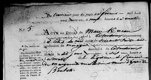 Acte de décès de Marie Kerneau (1757-1831), orthographié avec un Ꝃ à Lézardrieux.