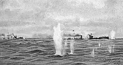Four German torpedo boats under fire from British ships off of the Dutch island of Texel.