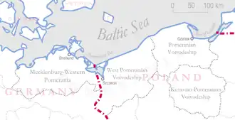 La Poméranie par rapport aux frontières actuelles de la Pologne et de l'Allemagne.