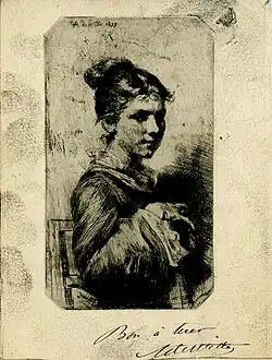 Buste de femme assise le bras appuyé sur le dossier de sa chaise, 1877 (Eau-forte ; Inv. Delchevalerie no&nbsp;86 ; 13&nbsp;×&nbsp;7,9&nbsp;cm), Londres, British Museum