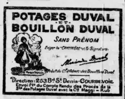 Réclame pour le potage et le bouillon Duval (1919) vendus en épicerie et fabriqués à Courbevoie : on notera la référence à Maggi Kub, entreprise avec laquelle Alexandre Duval fut en procès.
