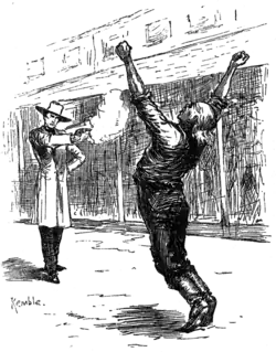 En deuxième plan, un homme élégant, raide, tire au revolver sur le vieillard du premier plan.