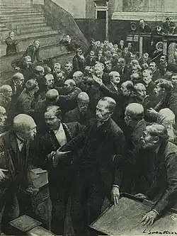 Dessin monochrome d'une cohue d'hommes au centre d'une salle.