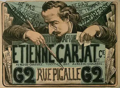 Affiche dessinée par Carjat pour la nouvelle adresse de son atelier (1867-1868).
