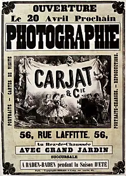Affiche annonçant l'ouverture du studio Carjat de la rue Laffitte en 1861. Dessinateur Louis Émile Benassit.