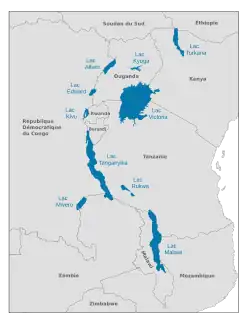 Carte montrant les différents pays des grands lacs : RDC, Ouganda, Rwanda, Burundi.