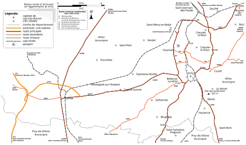 Carte du réseau routier et ferroviaire de l'agglomération de Vichy