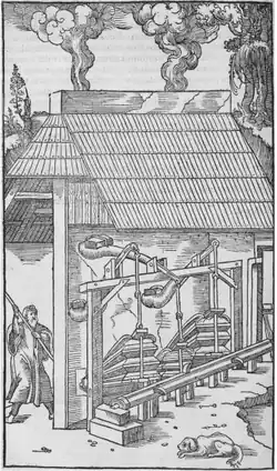 De Re Metallica par Georgius Agricola. Haut fourneau et batterie de soufflets.