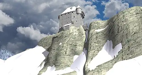 Château de l'Aigle restitué au XIVe siècle. Vue du sud-ouest. Essai de restitution basé sur le relevé planimétrique par J.L. Mordefroid réalisé à la suite des fouilles des années 1980.