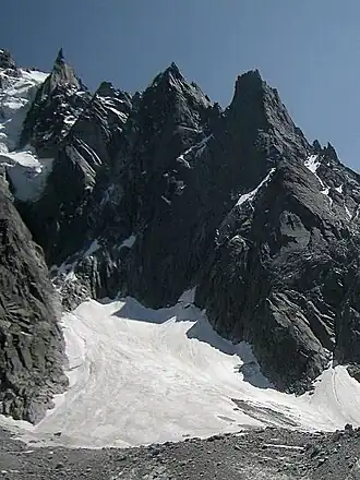 Vue du versant nord de l'aiguille des Pélerins (au centre) avec à droite l'aiguille du Peigne et à gauche la pointe des Pélerins et l'aiguille des Deux Aigles.