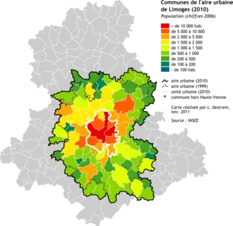 carte figurant l'aire urbaine de Limoges et ses diverses communes