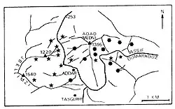 Carte de localisation du dragonnier autour du djebel Adad Medni et des gorges d'Assif Oumarhouz.
