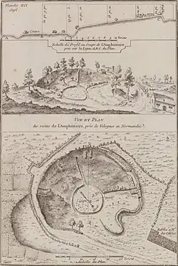 Plan et dessins en noir et blanc d'un monument semi-circulaire.