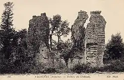 Carte postale en noir et blanc représentant des murs ruinés et envahis par la végétation.