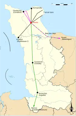 Carte en couleurs schématisant le tracé de voies anciennes reportées sur un fond moderne.