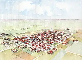 Aquarelle en couleurs représentant une ville due du ciel.