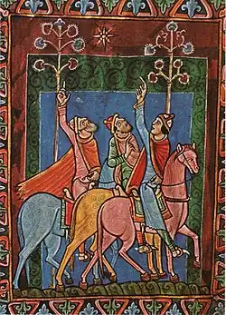 Les trois mages du psautier de Saint-Alban, Angleterre, XIIe&nbsp;siècle.