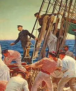 Albert&nbsp;Ier de Monaco agrippé aux haubans du navire. Détail de la fresque du grand Amphithéâtre « le Pont de la Princesse Alice » par L.Tinayre et Alexandre Jean-Baptiste Brun.