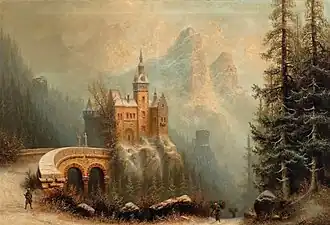 Paysage d'hiver avec un château sur une montagne. Collection privée.