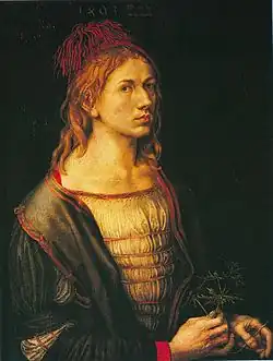 À la fin du XVe&nbsp;siècle, Albrecht Dürer réalise les premiers autoportraits datés et signés connus, adoptant un cadrage qui deviendra un standard : la représentation en buste. Autoportrait au chardon, 1493, Louvre, Paris
