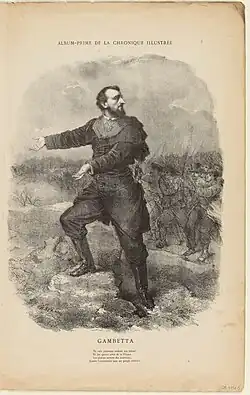 Dessin montrant un homme barbu menant une troupe d'hommes en armes.