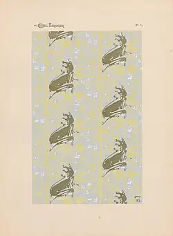 Sur papier clair, dessin de motifs assez fondus ponctués régulièrement d'un motif flammé très contrastant