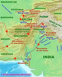 Carte de l'expédition d'Alexandre dans les Hautes satrapies