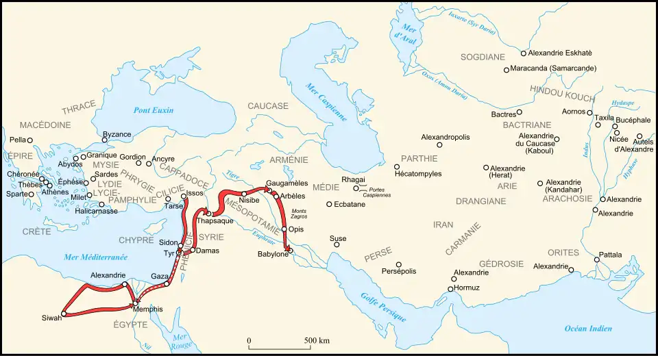 Carte de l'Itinéraire d'Alexandre au cours des années 332 et 331