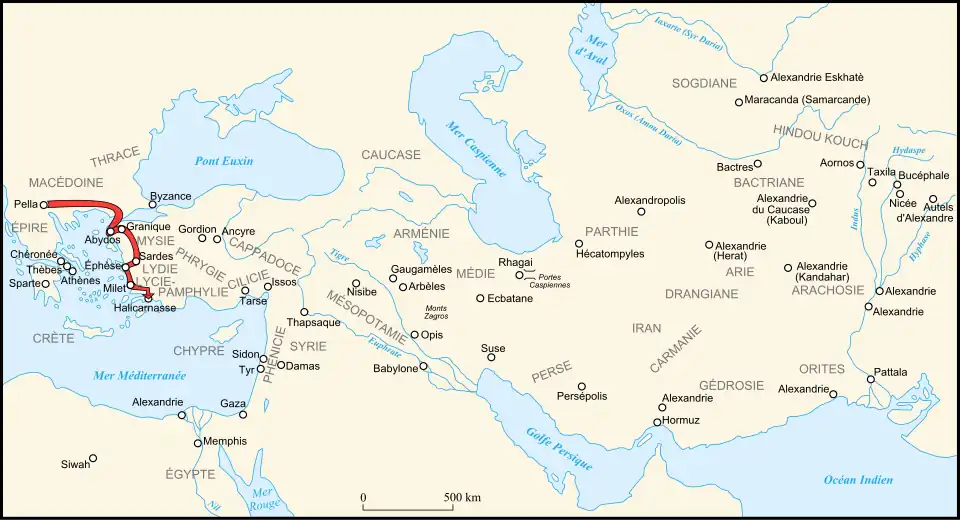 Carte de l'itinéraire d’Alexandre dans la partie occidentale de l'Asie Mineure en 334