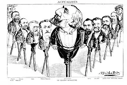 Caricature montrant des hommes à la tête surdimensionnée et montés sur des échasses.