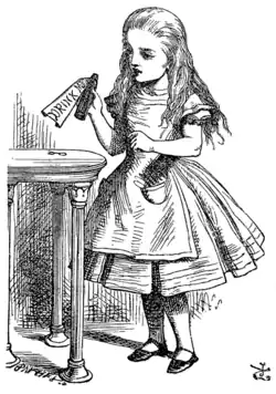 « Bois moi ». Alice dans l'illustration de John Tenniel pour la première édition imprimée, en 1865.