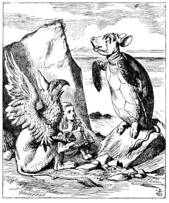 Le Griffon, Alice et la Fausse Tortue dessinés par John Tenniel, 1865.
