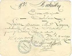 Scan d'un laissez-passer utilisé par Alix Payen. Il y est écrit : « Cent-cinquante-troisième bataillon. État-major. Ambulance. Laissez-passer Madame Payen, ambulancière au dit bataillon, pour Paris (aller et retour). Issy, le 19 avril 1871. Vu, le chef de bataillon E. Lalande ; le médecin major A. Peraldi ; pour le colonel d'état-major, le secrétaire (illisible). »