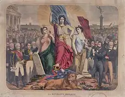 Gravure en couleurs montrant une femme coiffée d'une couronne de lauriers et tenant un drapeau, entourée de deux femmes. Plusieurs hommes se tiennent debout à l'arrière-plan