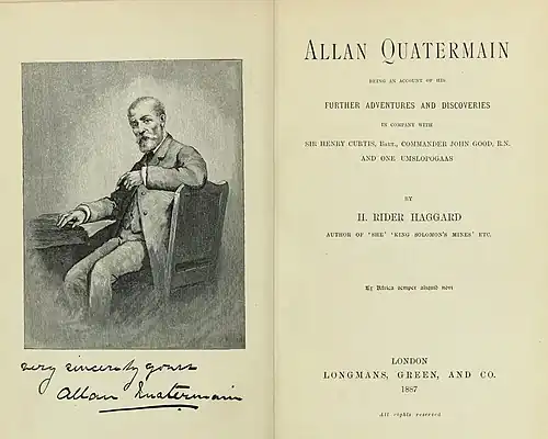 Portrait et signature autographe en frontispice d'Allan Quatermain, héros fictionnel inventé par Henry Rider Haggard : l'édition de 1887 des Mines du roi Salomon proposait aussi une carte dépliante en ouverture