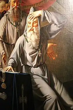 Extrait du tableau de Pietro Francesco Rayneri, Amédée&nbsp;VIII recevant la tiare au château de Ripaille, 1816-1823, représentant Amédée en ermite.