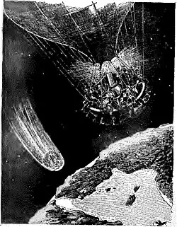 illustration d'une comète passant près de la Terre tandis qu'une montgolfière s'envole.