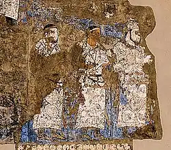 Ambassadeurs de &nbsp;Chaganian&nbsp;(en) (figure centrale, inscription du cou) et de Tchatch (Tachkent moderne) auprès du roi Varkhuman de Samarkand (648-651 CE, peintures murales d'Afrasiyab, Samarkand,).