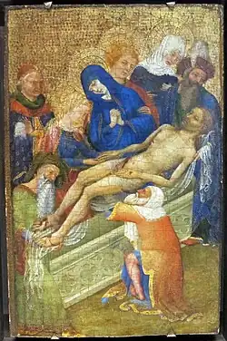 Petit tableau sans cadre avec 8 personnages et fond doré.