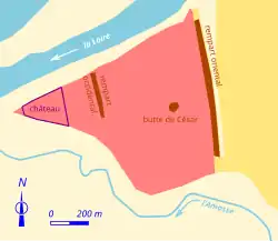Plan en couleurs d'un site antique avec quelques repères topographiques.