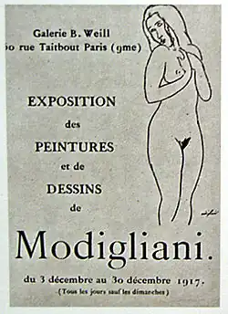 Rectangle gris clair avec caractères noirs et nu féminin dessiné à la plume sur le côté droit