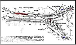 Situation de la gare dans les années 1890à gauche se trouve l'ancienne gare d'État de connexion d'Amersfoort,un peu à l'Est, la nouvelle construction (non indiquée)En bleu : les ateliers