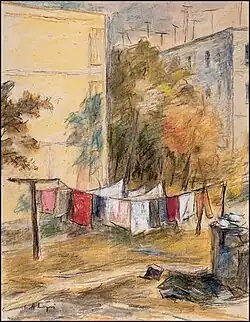 Entre les immeubles de Iaşi (années 80), pastel, 65&nbsp;×&nbsp;50&nbsp;cm, collection particulière.
