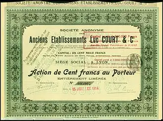 Action des Anciens Etablissements Luc Court & C, en date du 15. Juillet 1914.