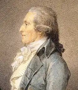 Dessin d'un homme de profil regardant vers la gauche, aux cheveux gris, portant une écharpe et une chemise blanches et une veste bleue claire