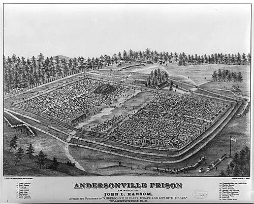 La prison d'Andersonville vue par John L. Ransom, auteur et éditeur de Andersonville Diary, Escape and List of the Dead (Journal d'Andersonville, évasion et liste des morts), Washington, D.C.