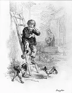 Enfant chassant un chien.