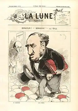 Caricature de presse représentant un homme moustachu en habit, un haut-de-forme à la main, dissimulant sous ses vêtements un petit homme aux cheveux blancs portant des lunettes.